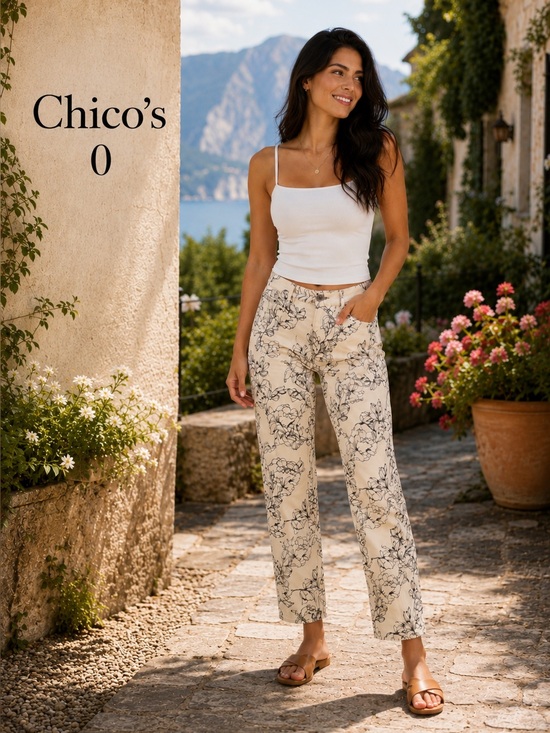 Chico's Pants - Chico’s Floral Pull-On Ankle Jeggings Cream Black Size 0R US 4